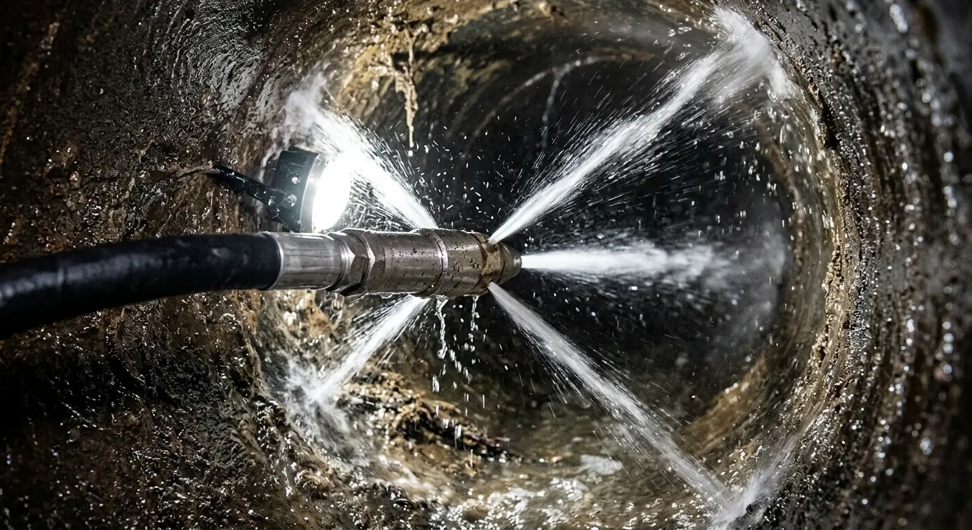 High-pressure hydro jetting nozzle cleaning sewer pipe for Emergency Drain Service in Chester