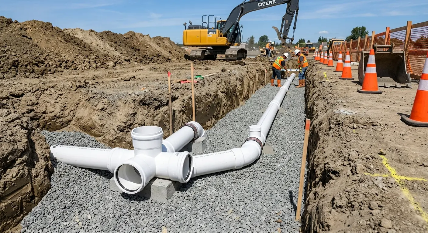 New PVC sewer pipe installation in open trench for Commercial Drain Cleaning in Chester