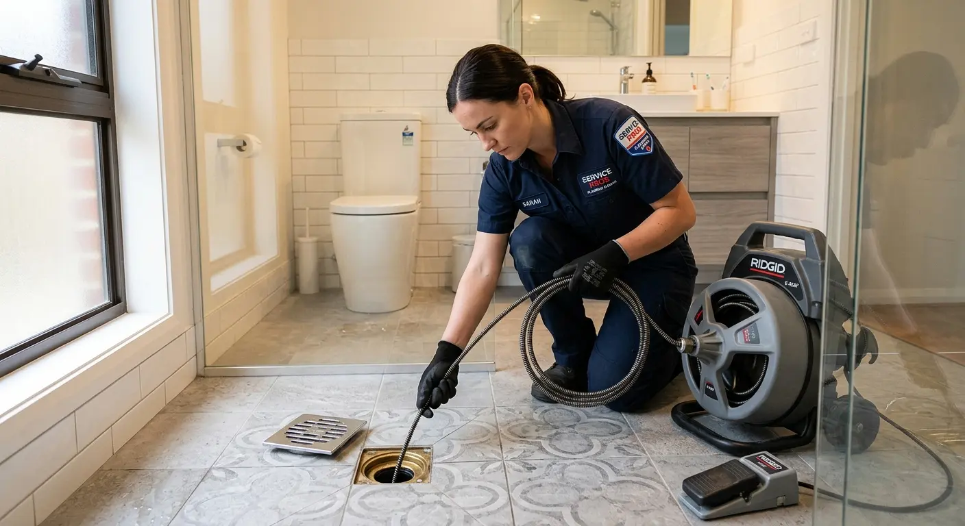 Technician clearing a bathroom floor drain for Hydro Jetting in Chester